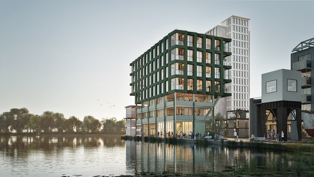 Woongebouw SILO met een begane grond en 6 verdiepingen. Ontwerp met veel ramen, aan het water in het Havenkwartier. Het gaat om een schetsontwerp.