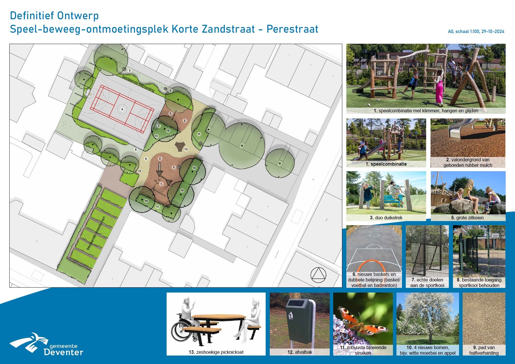 Bovenaanzicht definitief ontwerp, inclusief foto's van de inrichtingselementen. Zie hiervoor de opsomming in de paginatekst. Meer weten over het ontwerp? Neem contact op via speelplekken@deventer.nl.