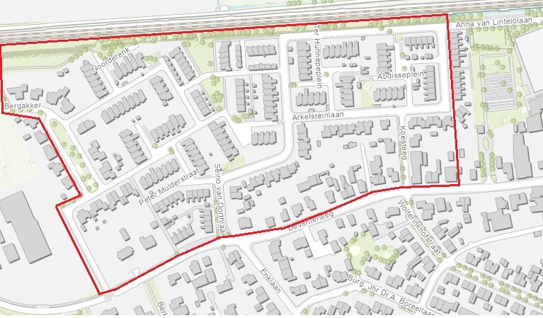 Kaartje van het werkvak. Dit omvat de straten Bergakker, Noorderenk, Peter Mulderstraat, Seino van Dorthlaan, Anne van Lintelolaan, Ter Hunnepeplein, Arkelsteinlaan, Abdisseplein en Koesteeg.