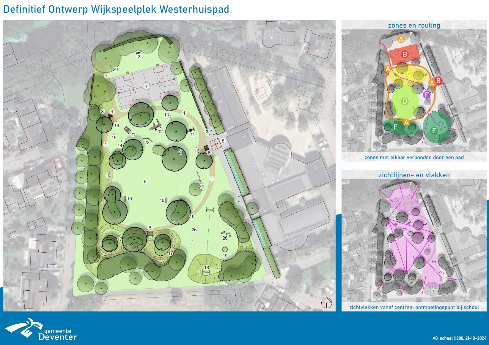 Bovenaanzicht definitief ontwerp, inclusief zones en routing en zichtlijnen- en vlakken. Zie voor de speelonderdelen de opsomming in de paginatekst. Meer weten over het ontwerp? Neem contact op via westerhuispad@deventer.nl.