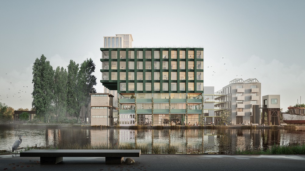 Havendame schetsontwerp SILO. Woongebouw met begane grond en 6 verdiepingen. Ontwerp met veel ramen, aan het water in het Havenkwartier.